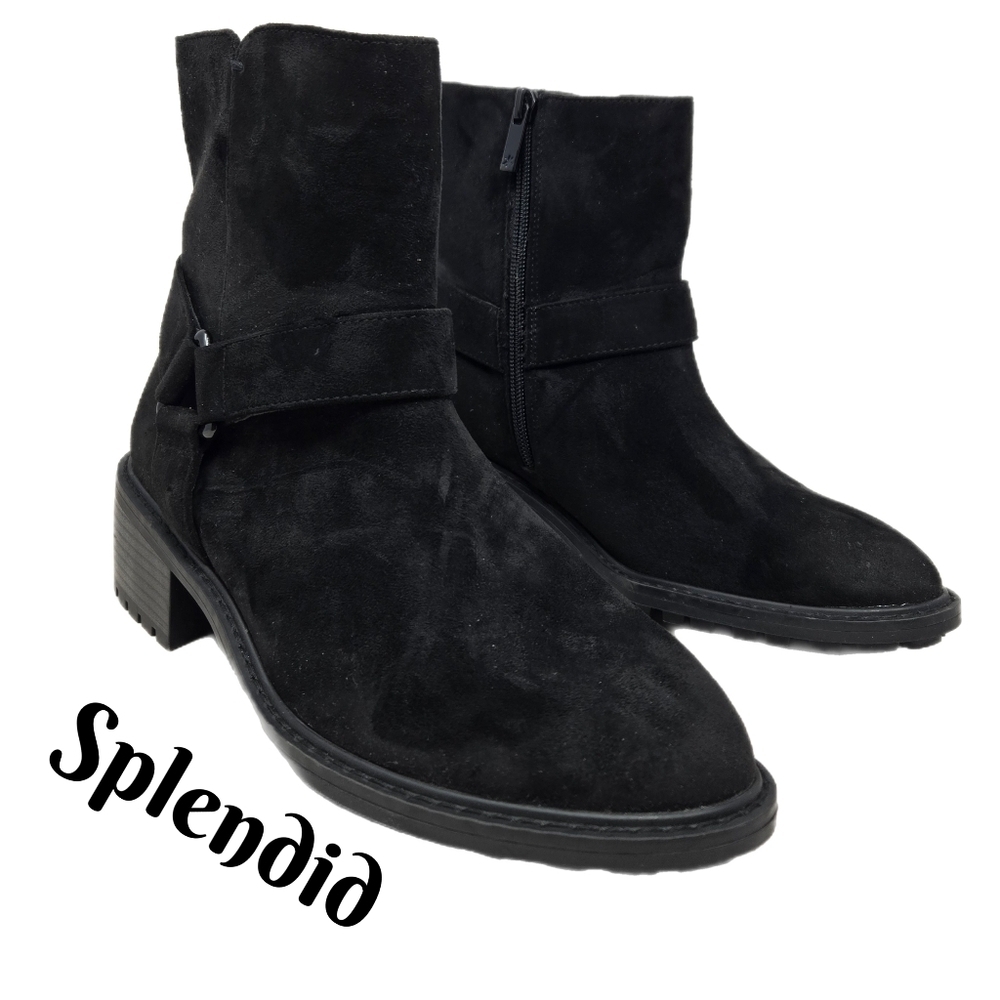 Splendid Samy Women's Boots Sz 8M Black Faux Suede Block Heel Moto Inspired